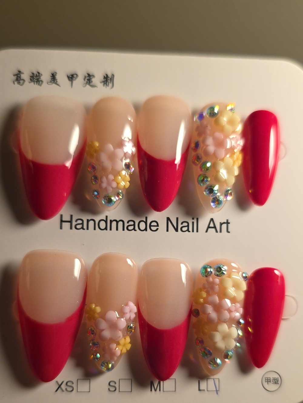 Handmade Women’s Pink Floral 3D Nail Set Size Large